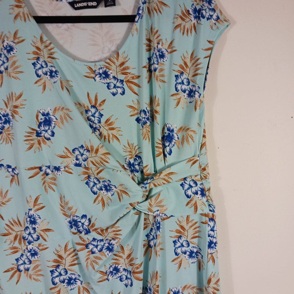Lands' End Large Floral Print Twist Front Dress, Cap Sleeves, Aqua Blue/Navy - Picture 10 of 16